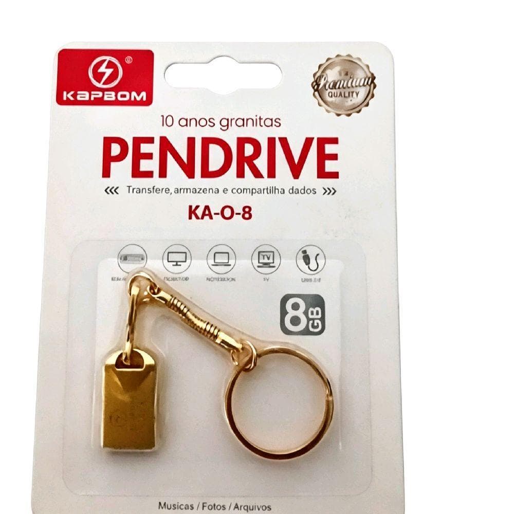 Kapbom Pendrive KA-O-8 8GB Dourado com Chaveiro Transferência Armazenamento e Compartilhamento de Dados