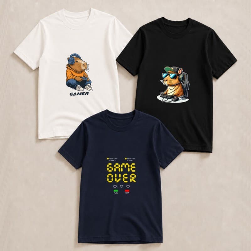 Kit 3 Camisetas Infantil para Menino Estampa Gamer de Capivara 100% Algodão