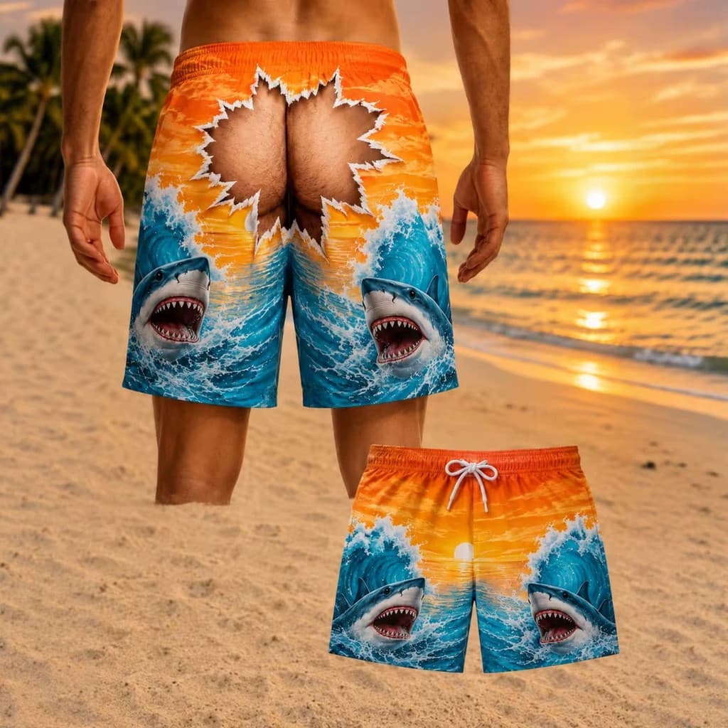 2026 Verão Masculino Engraçado 3D Ilusão Óptica Praia Shorts , Tubarão Oceano Onda Pôr Do Sol Novidade Brincadeira Féria