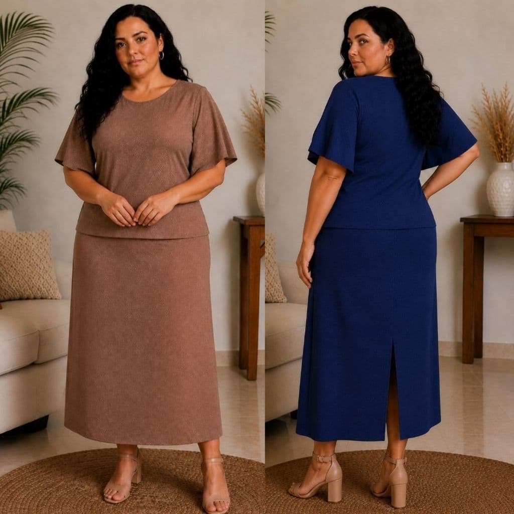 Conjunto Plus Size Feminino Blusa Manga Borboleta Saia Moda Evangélica Social Elegante Casual