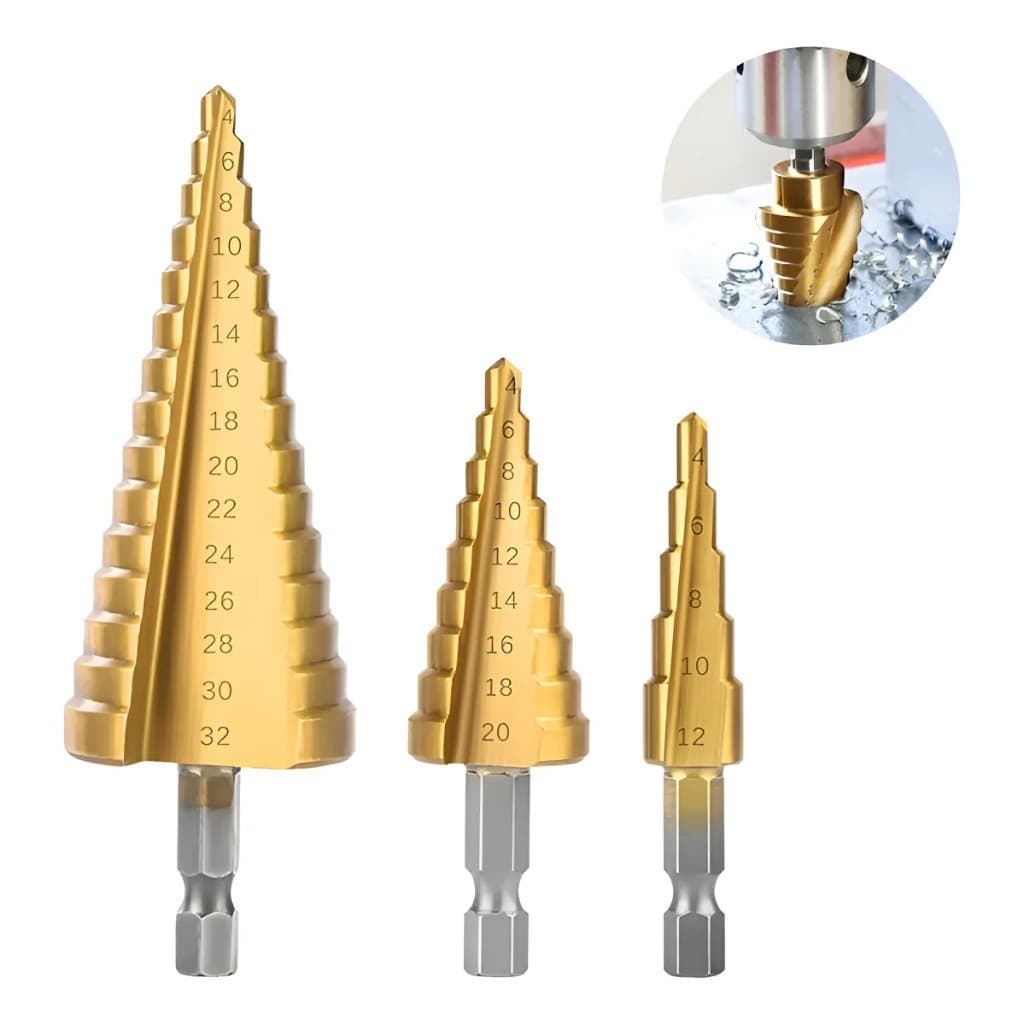 Kit 3PCS Broca escalonada HSS Hexagonal Revestida De Titânio Cônicas Bits Métricos - 4 a 32mm