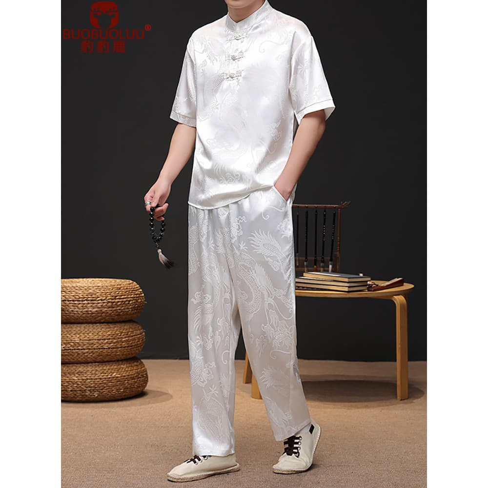 Verão estilo chinês terno masculino estilo fino gelo seda de manga curta camiseta masculina estilo budista Tang terno ro