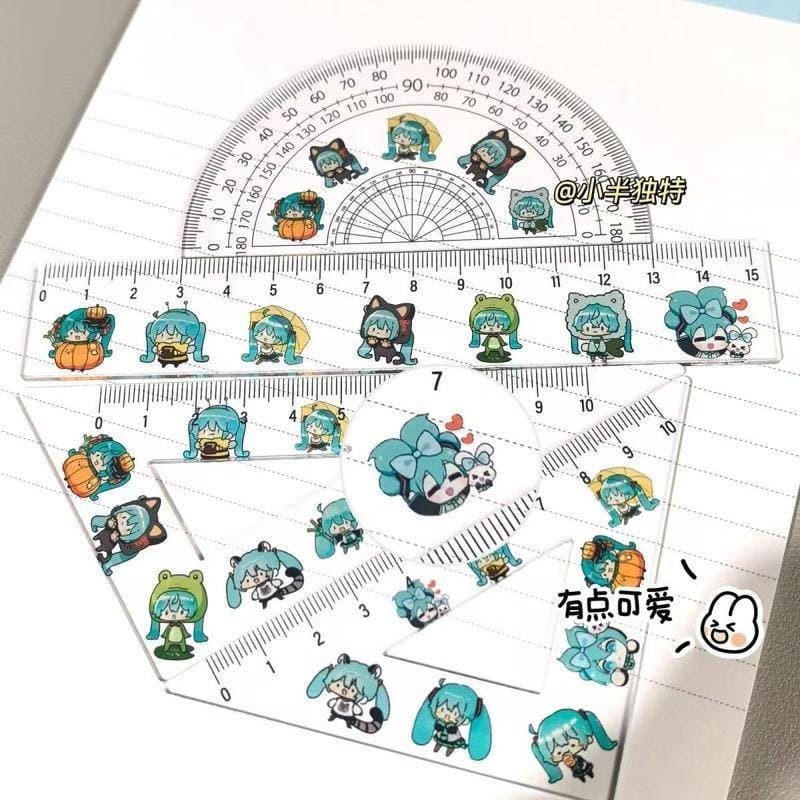 4 Em 1 Bonito Anime Régua Conjunto De Papelaria Dos Desenhos Animados Hatsune Miku Triângulo Transferidor Desenho Presen