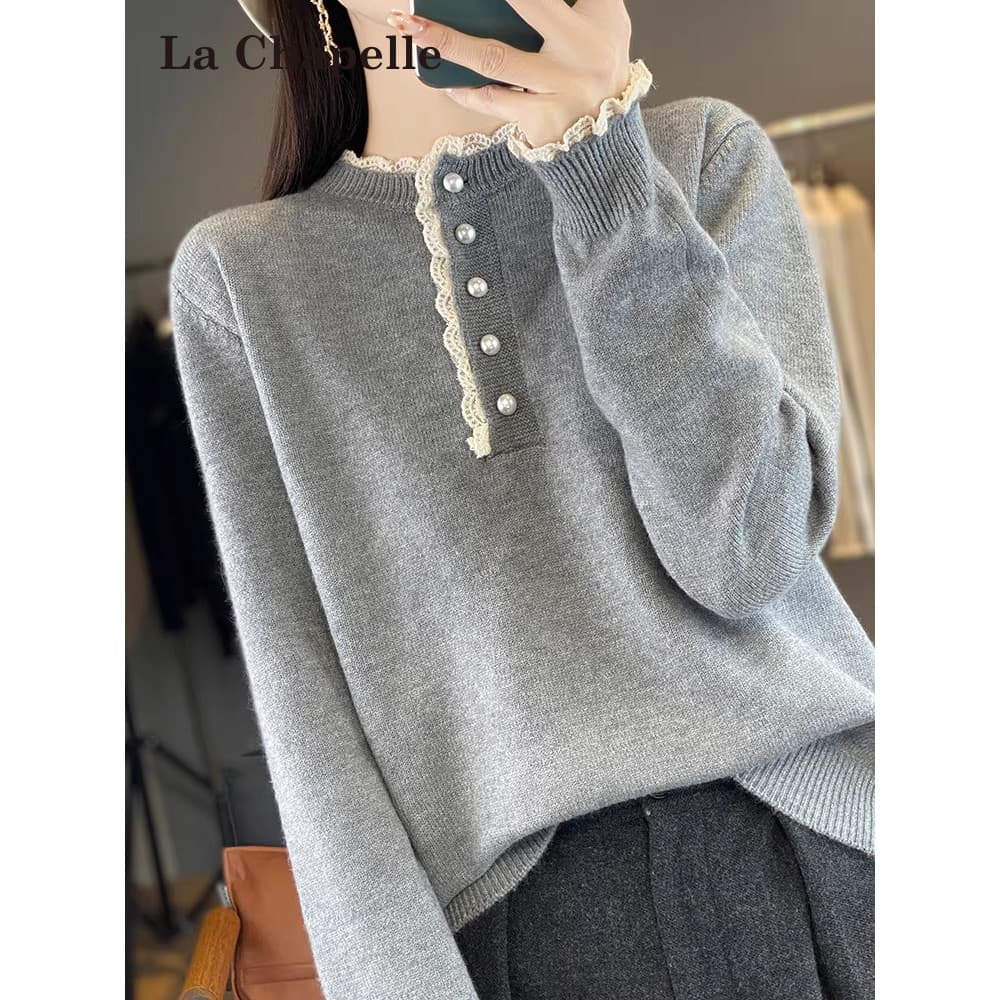 Lasherbell costura renda gola de malha camisa de fundo feminino roupa interior primavera outono Plus Size feminino outon