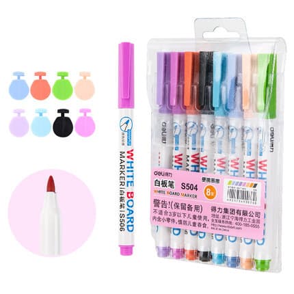 Deli s504 Caneta para quadro branco colorida 8 cores Caneta para escrita em quadro branco apagável à base de água Ensino