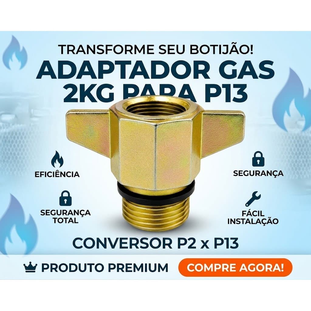 Adaptador Botijão de Gás 2kg P2 para P13 Conversor P2 x P13 Registro GLP