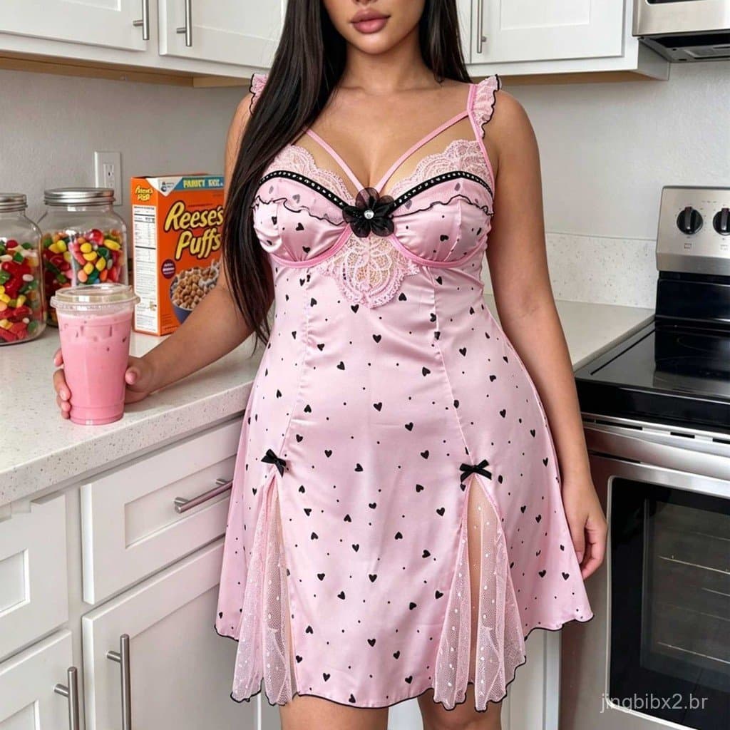 Camisola de dormir plus size em cetim de seda gelada com estampa de coração fofa, roupa de dormir sem costas doce e ador