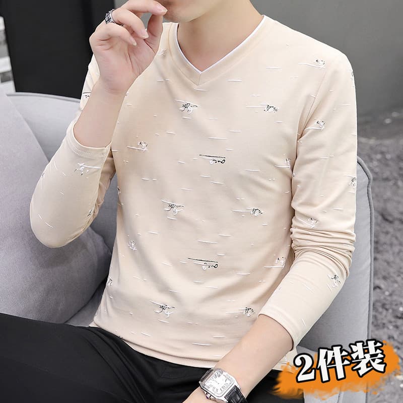 Camiseta masculina com estampa de bolinhas, decote em V, Slim Fit, manga comprida, 2026, outono, novo estilo, na moda