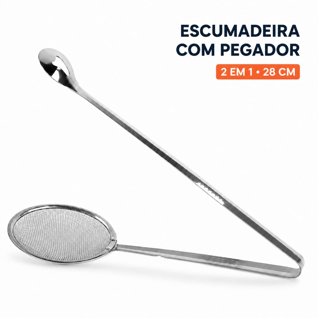 Escumadeira para Fritura 28cm com Pegador em Aço Inox para Pastel Batata e Salgados