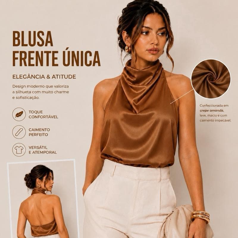 Blusa Feminina Frente Única Gola Alta Drapeada Elegante Social Casual Chic Regata para Festa Trabalho e Verão