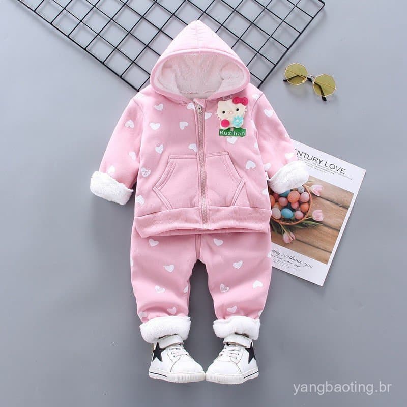 Conjuntos De 2 Peças Com Capuz + Calça De Desenho Animado Para Meninas , Roupas Casuais De Veludo De Flanela De Inverno