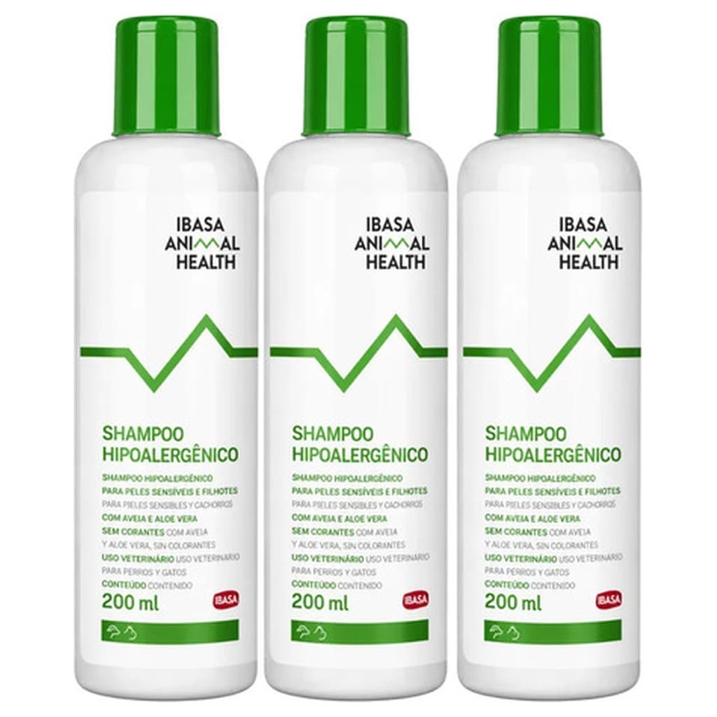 Kit 3 Shampoo Hipoalergênico Ibasa Animal Health 200ml Cão Gato Pele Sensível Aveia