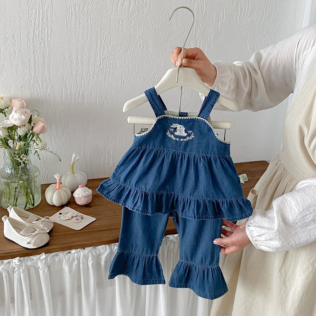 Verão novo estilo bebê criança dos desenhos animados bordado Denim terno bebê menina estilingue saia calças largas conju