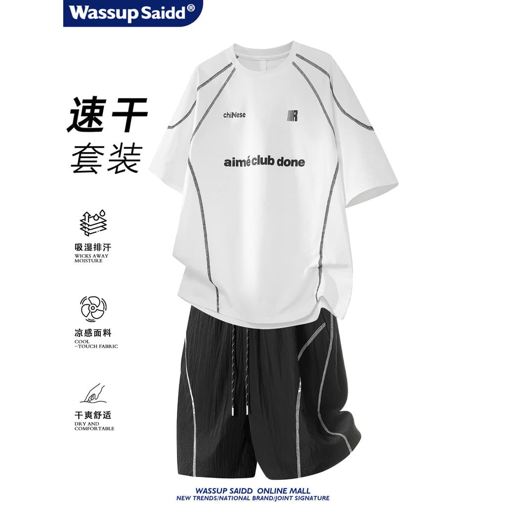 WASSUP SAIDD Terno esportivo de verão masculino funcional vento de secagem rápida camiseta americana de manga curta ao a