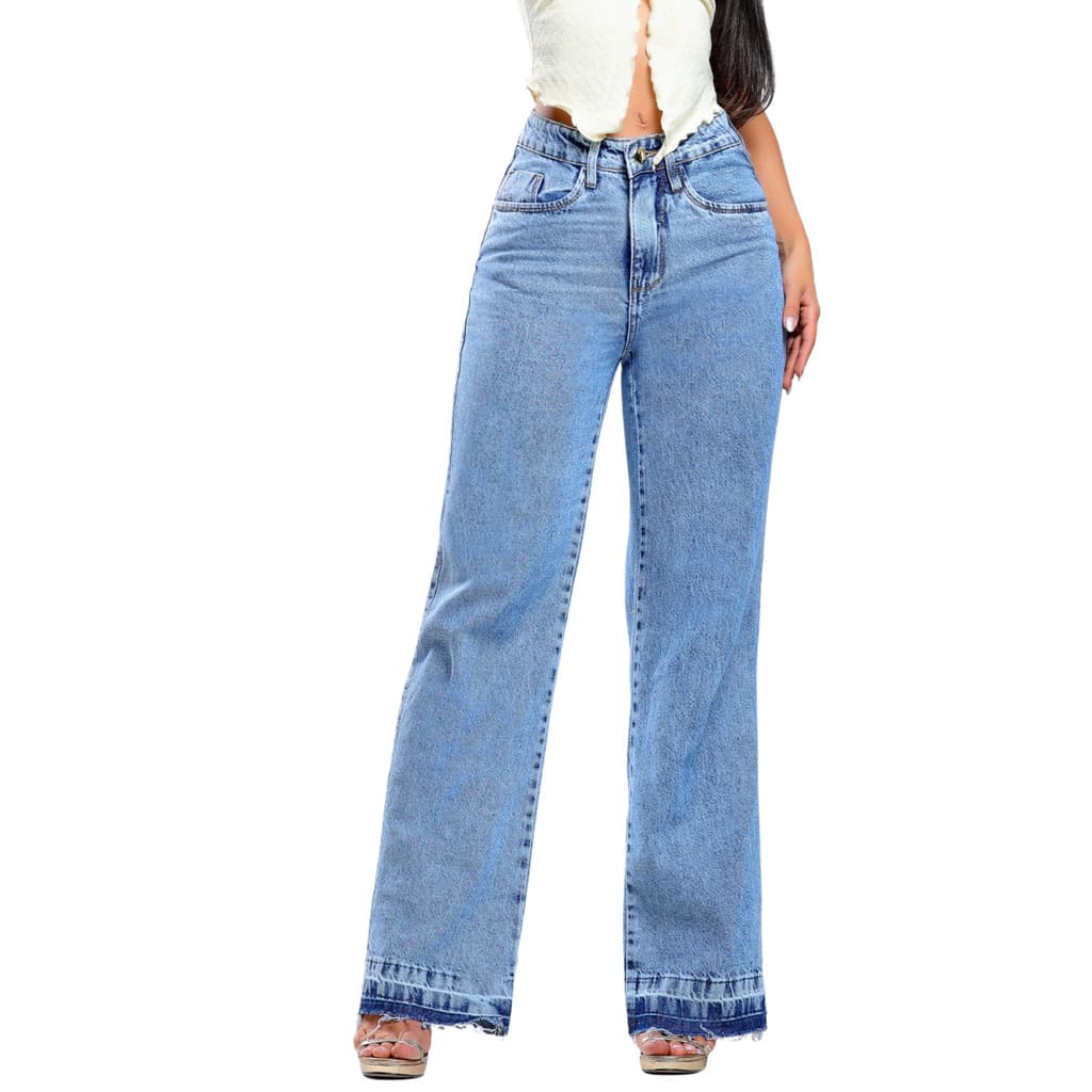 Calça Feminina Wide Leg Jeans Premium Black Cintura Alta Afina Cintura Casual Preto