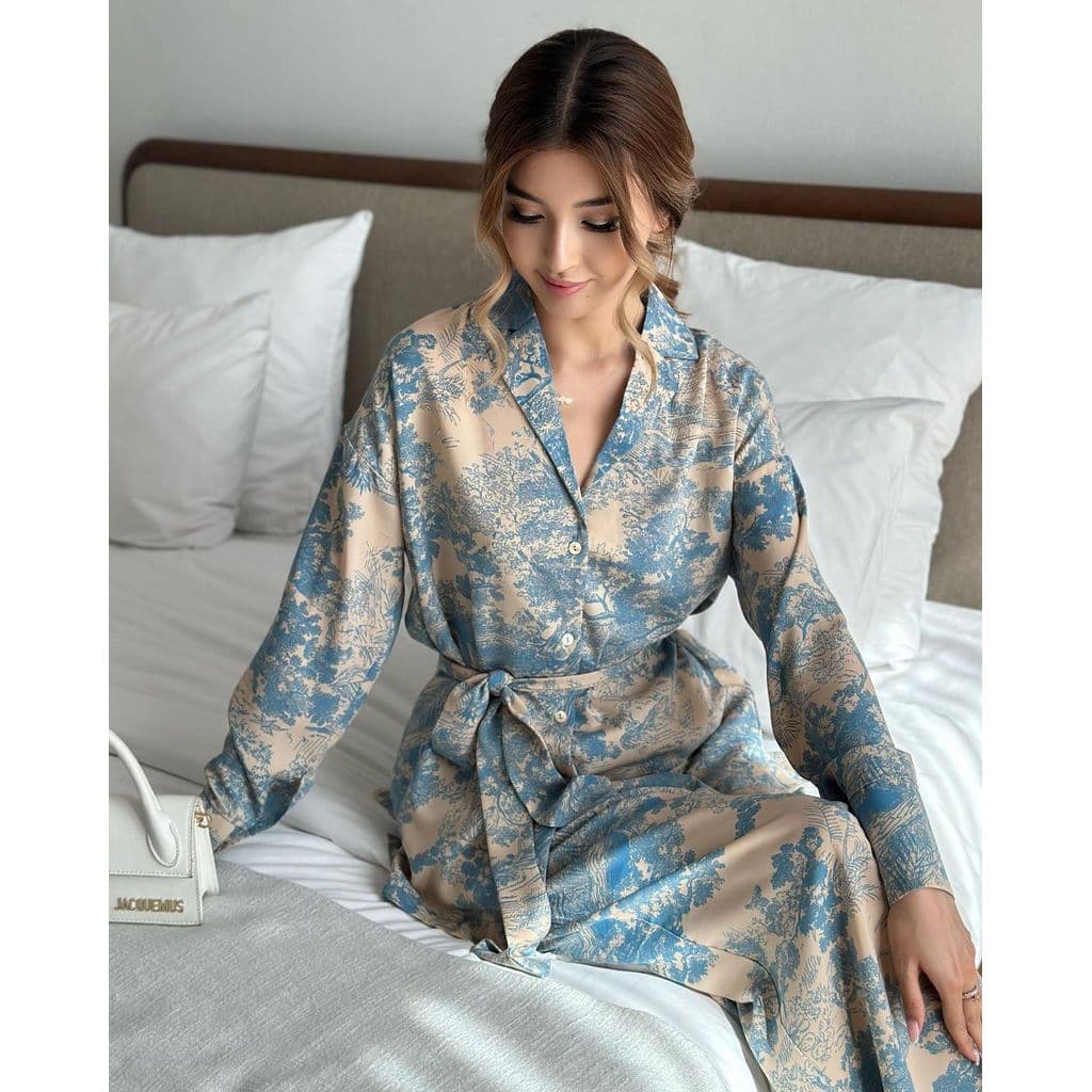 Primavera verão novo estilo moda francês impresso manga comprida rendas camisa de cintura alta calças de perna larga fem