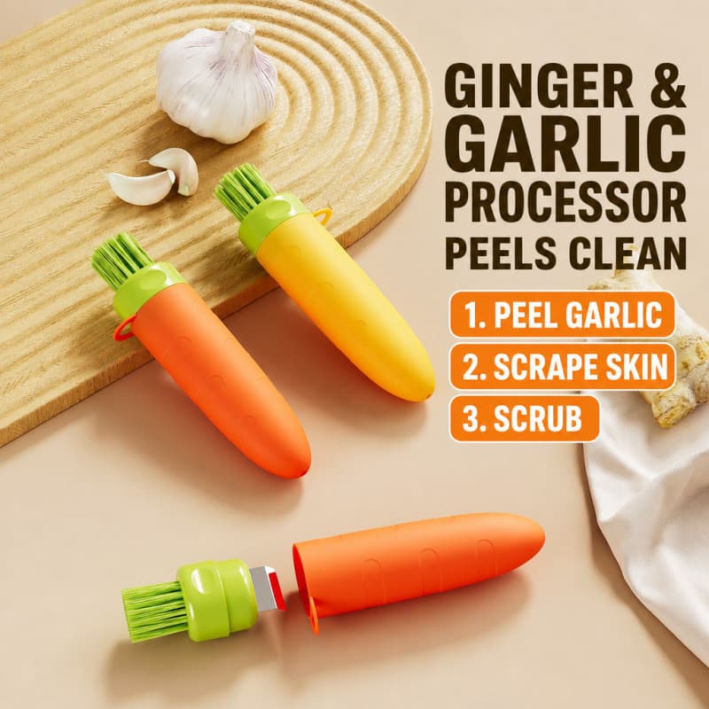 Conjunto De Descascador De Alho E Gengibre De Aço Inoxidável 3 Em 1 , Tubo De Silicone Para Descascar , Escova Esfregar