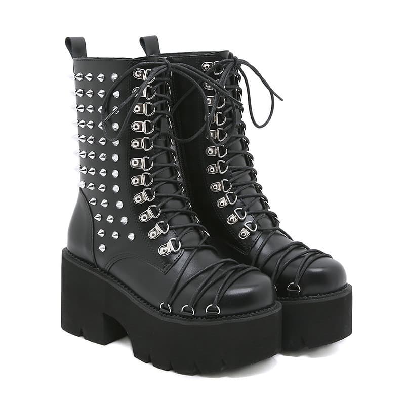 Outono inverno novo estilo salto grosso zíper lateral sola grossa moda rebite cavaleiro botas Muffin feminino Martin bot