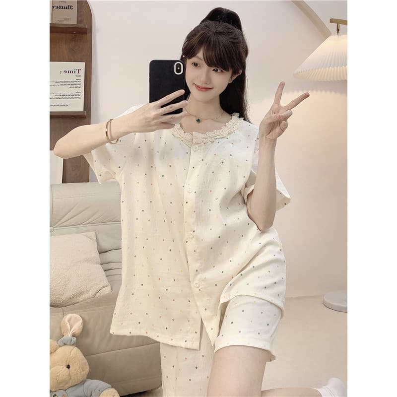 Pijama de bolinhas feminino Plus Size manga curta verão fino nuvem algodão doce solto gordura mm100kg verão Homewear