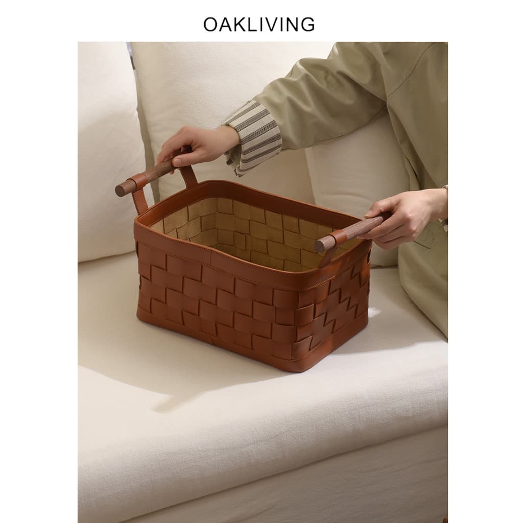 Oakliving francês Premium luz luxo couro tecido cesta de armazenamento grande capacidade organização doméstica cesta arm