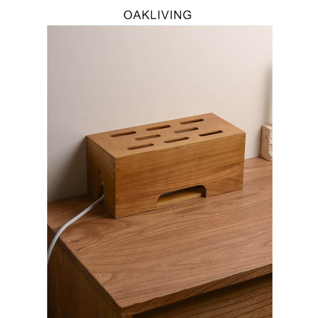 Oakliving Caixa de armazenamento de mesa de madeira maciça Power Strip Cable Organizer Caixa de armazenamento de grande