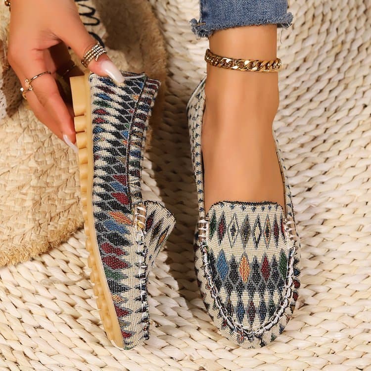 Senhoras estilo boêmio tecido padrão mocassins étnico padrão geométrico sapatos planos leve sola de borracha macia lazer