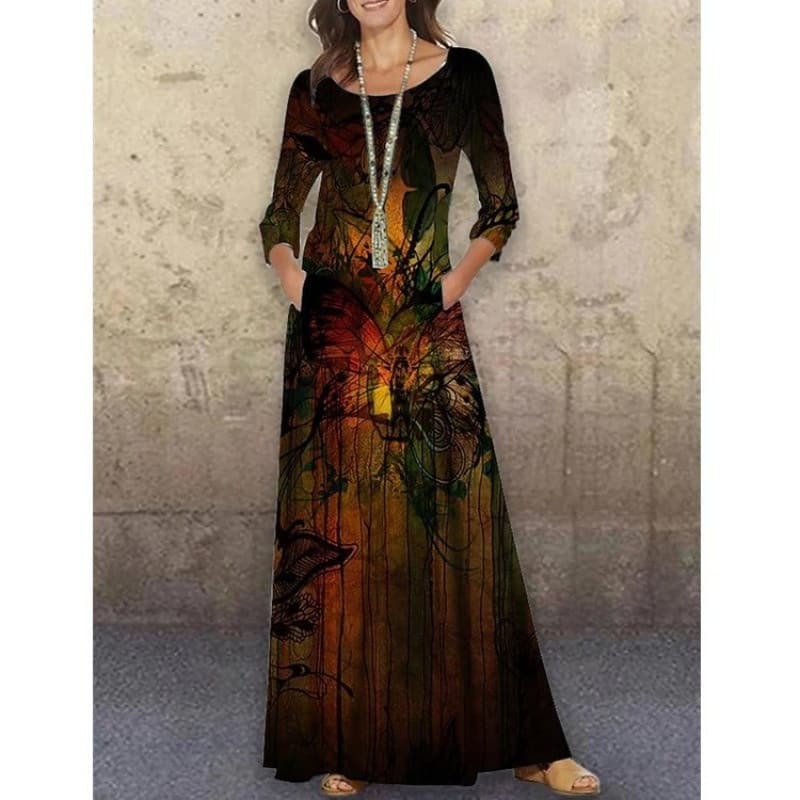 Vestido Longo Impresso Retro Impresso Mulheres Primavera Outono Manga Manga Manga Solta Mulheres