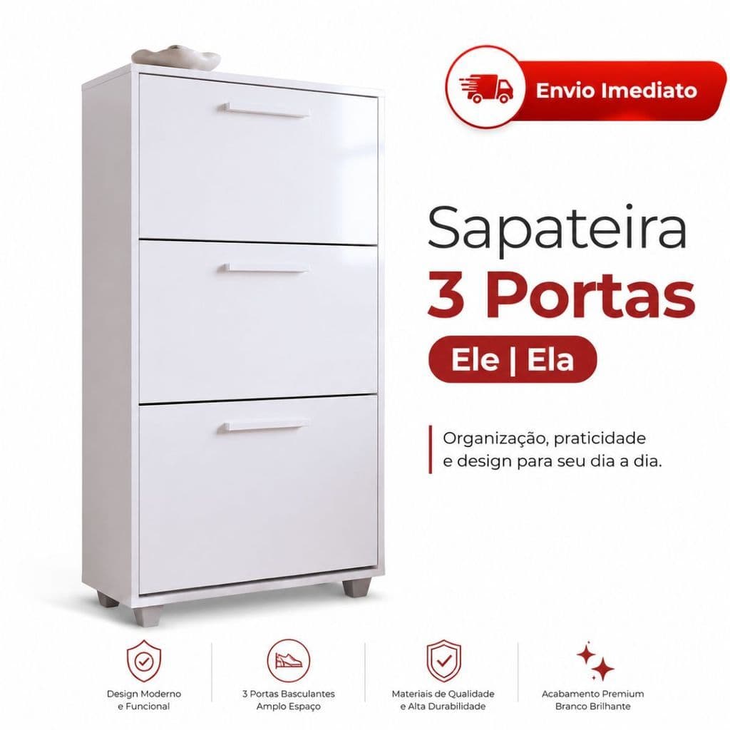 Sapateira Retrátil Vertical 3 Portas Basculantes Organizador Multiuso Puxador Calçados Quarto E Casa