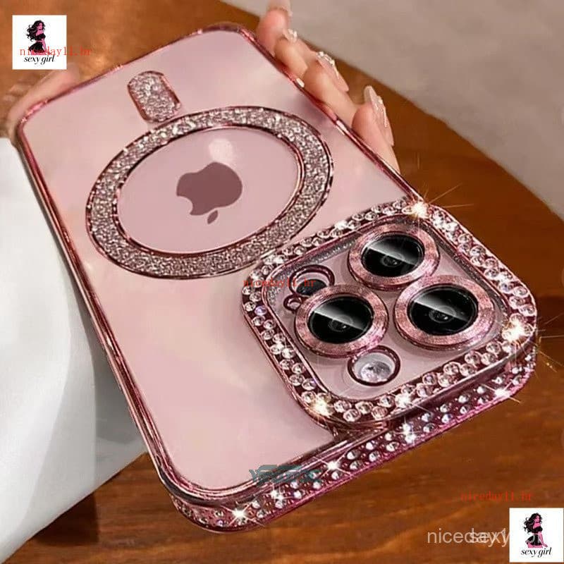 Capa de celular magnética transparente com glitter de cristal rosa, adequada para iPhone 16 15 14 13 12 11 Pro Max, tipo