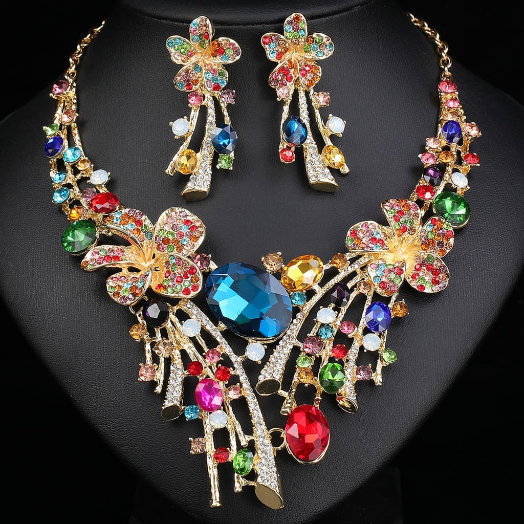 cross border Estilo Étnico Flor Exagerada Colar Brinco Conjunto Jóias Acessórios De Noiva Vestido formal Combinando Fest