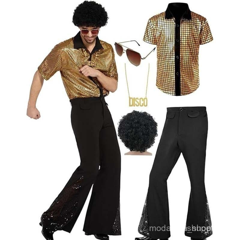 Conjunto de 5 Peças para Homens: Traje Disco dos Anos 70, Calças Boca de Sino Retrô dos Anos 80, Camisas de Manga Curta