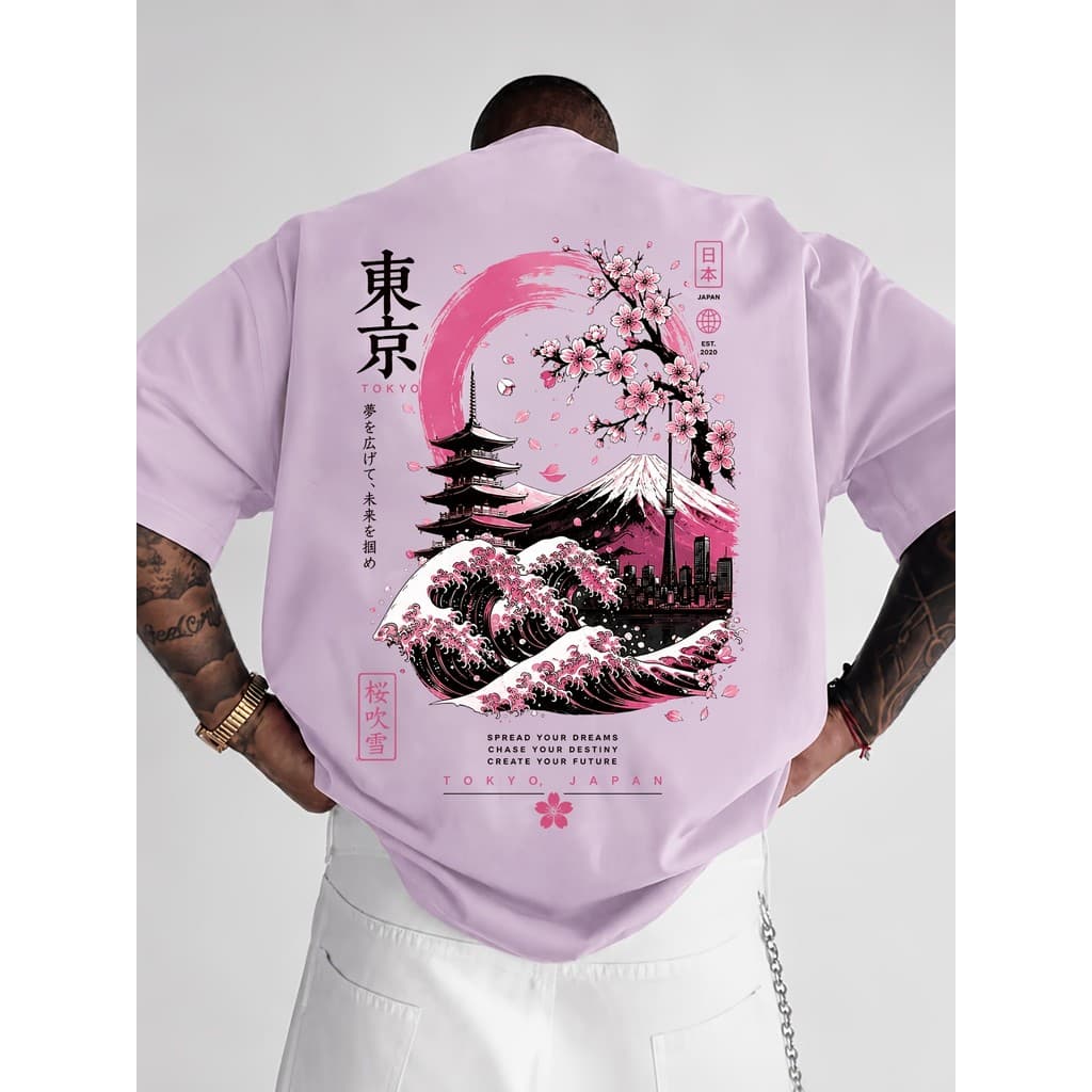Estilo Japonês Flor De Cerejeira Snowfall Paisagem Impressão Camiseta , Verão Novo Masculino Oversized Manga Curta