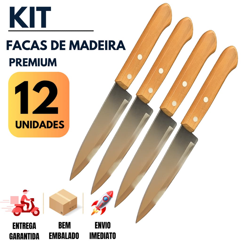 Kit 12 e 4 Facas Profissionais de Chef 6" em Aço Inox com Cabo de Madeira – Qualidade e Precisão para sua Cozinha