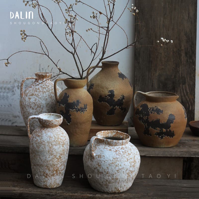 Vaso Decorativo de Cerâmica Estilo Wabi-Sabi Japonês para Sala de Estar e Mesa de Jantar, Vaso Rústico Vintage B
