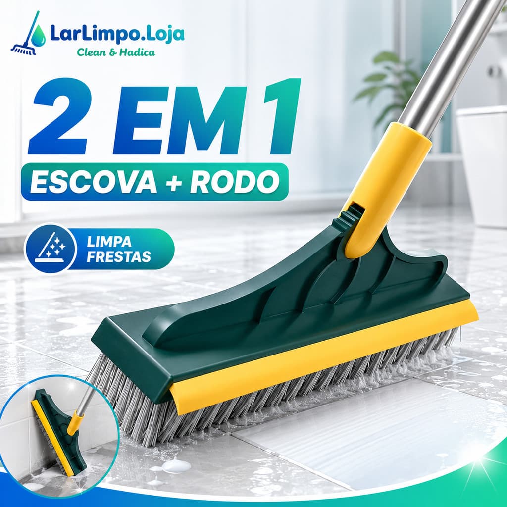 Rodo Escova 2 em 1 com Cabo Longo em Aço Inox | Limpa Frestas, Cantos e Piso