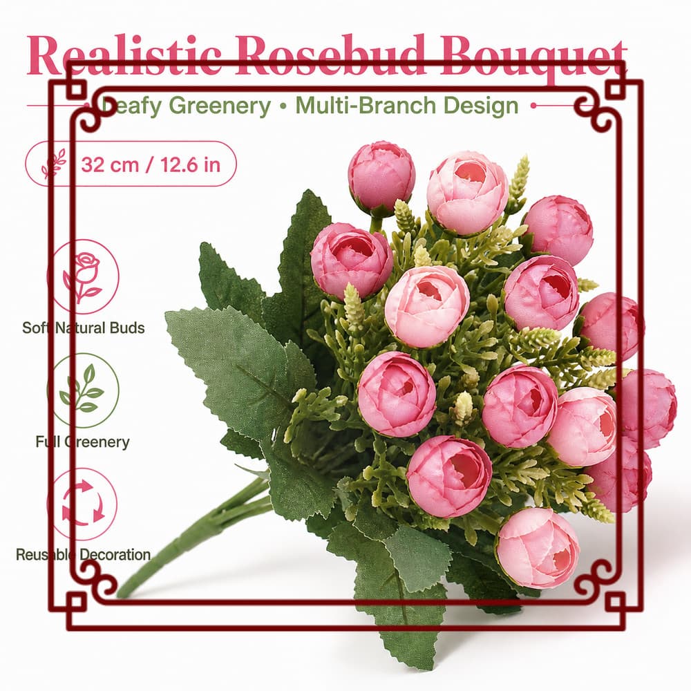 Buquê De Flores Artificiais , Pétalas De Tecido , Vegetação Com Folhas , Estilo Rosebud