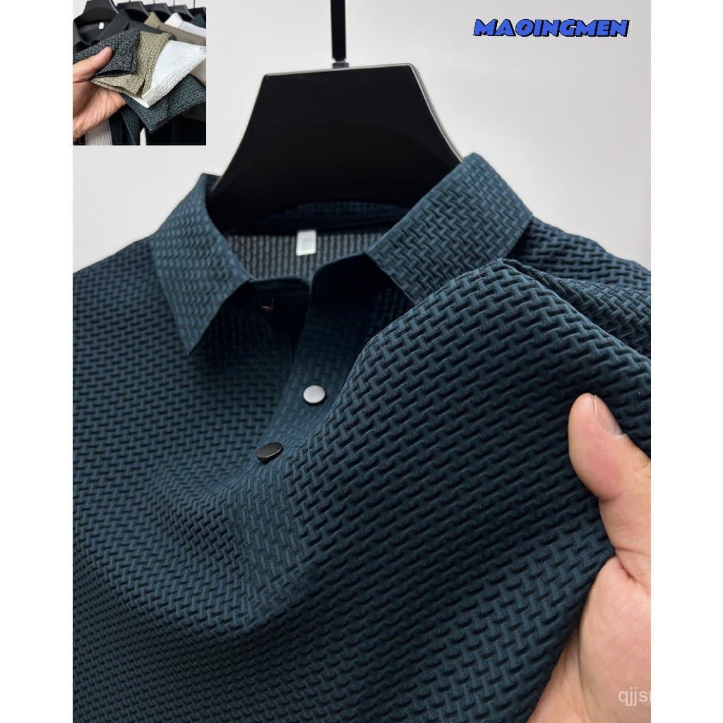[MAOINGMEN] Camisa Polo de Seda Masculina/Camisa Paul McCartney/Camisa Polo de Seda de Manga Curta de Alta Qualidade com