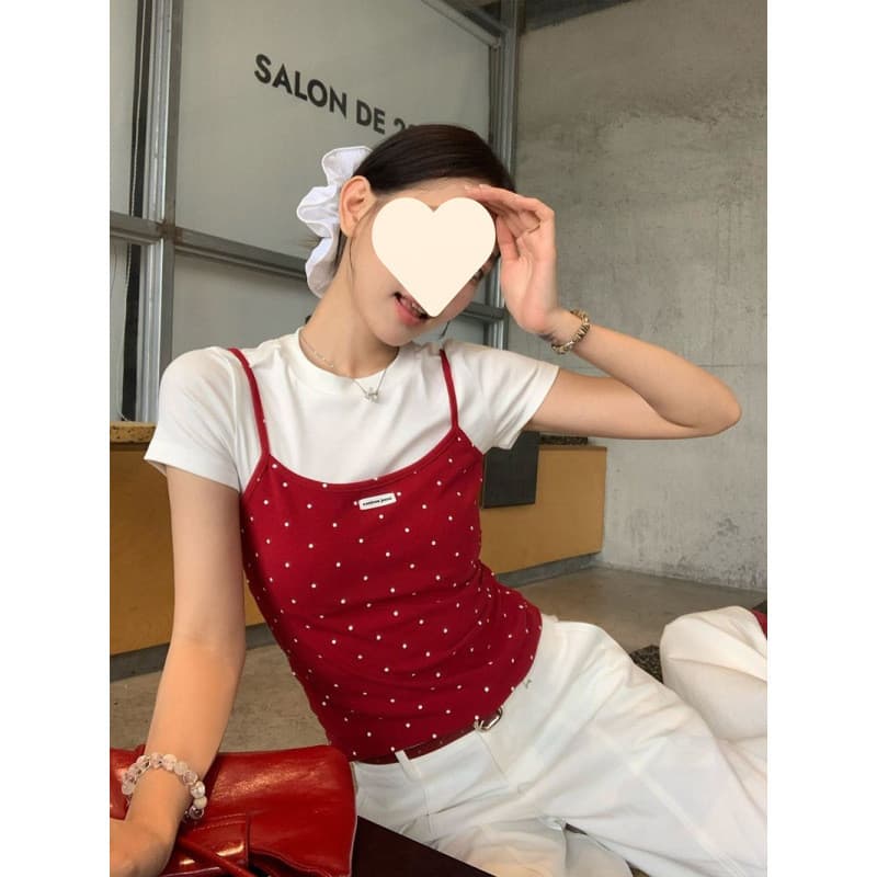 Falso topo de duas peças falso de duas peças bolinhas de manga curta camiseta feminina verão doce quente menina Design f