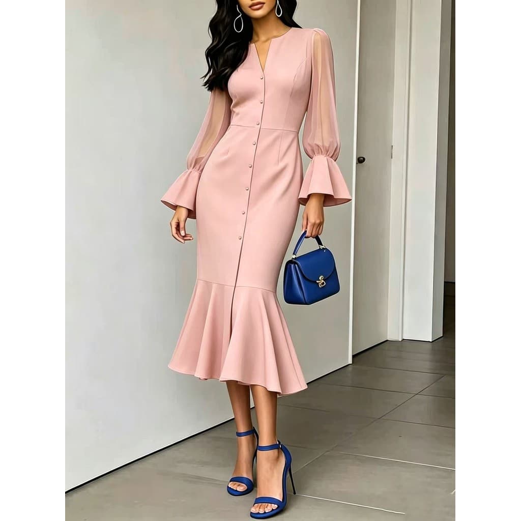 vestido de festa Feminino Outono Com Decote Em V Chiffon Saia Longa Emenda Bolha Manga Cauda de Peixe