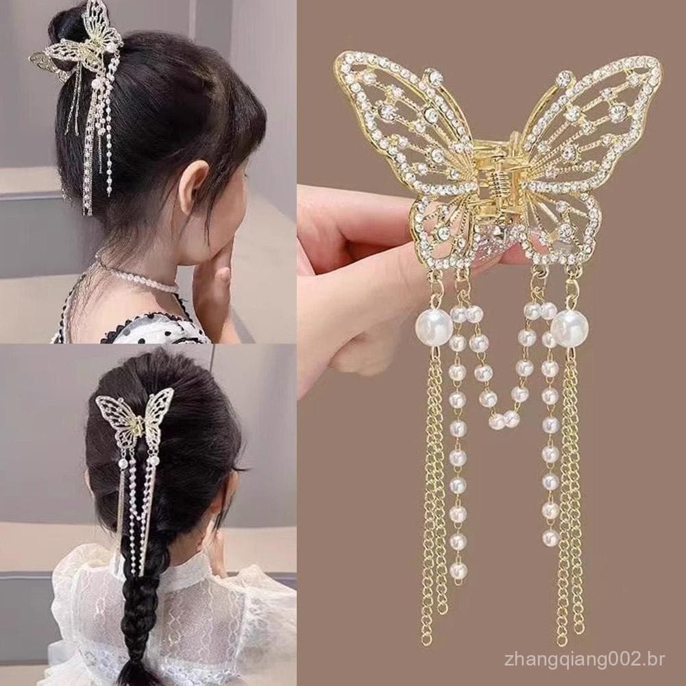 Grampo de cabelo borboleta pequena e inteligente brilhante, acessórios de cabelo temperamento de Metal, borla D7a3 e **