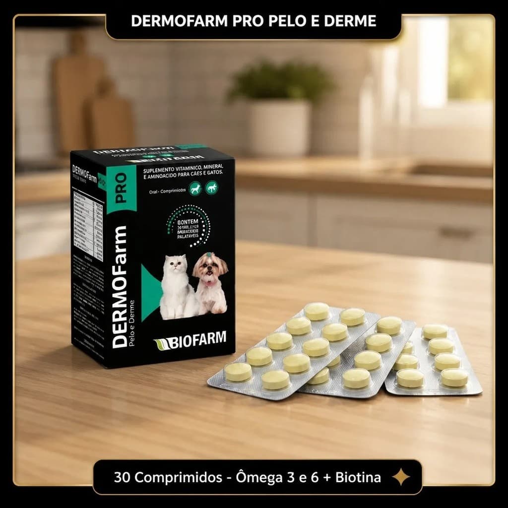 🐾 Dermofarm Suplemento Vitamínico Pelo e Pele Cães e Gatos Ômega 3 6 Biotina 30 Comprimidos 🐶