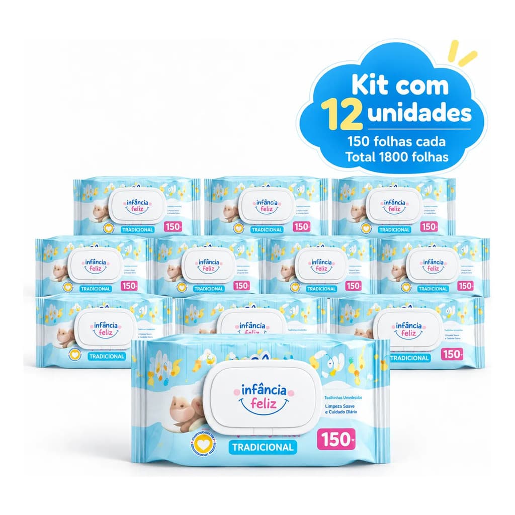 Kit 12 Lenços Umedecidos Infância Feliz 150 Folhas Com Tampa