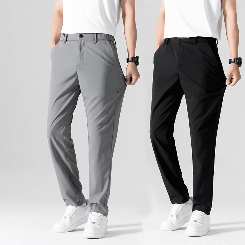 Calças drapeadas masculinas verão novo estilo calças casuais calças de seda gelo terno solto negócios Formal Wear pai ca