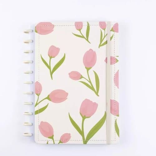Caderno Disko Tulipa M 60 folhas pautadas 20 brancas capa dura elástico 09 discos metálicos
