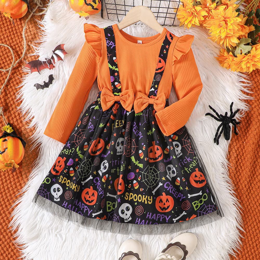 Médio pequeno crianças novo produto meninas primavera outono Halloween abóbora falso vestido de duas peças