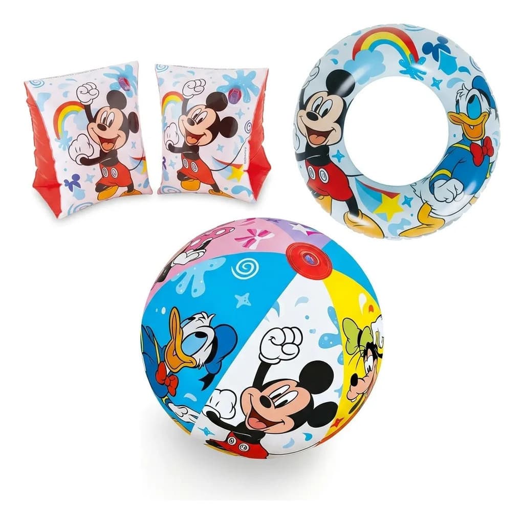Kit Mickey Bola + Boia Redonda + Boia De Braco Piscina Mor