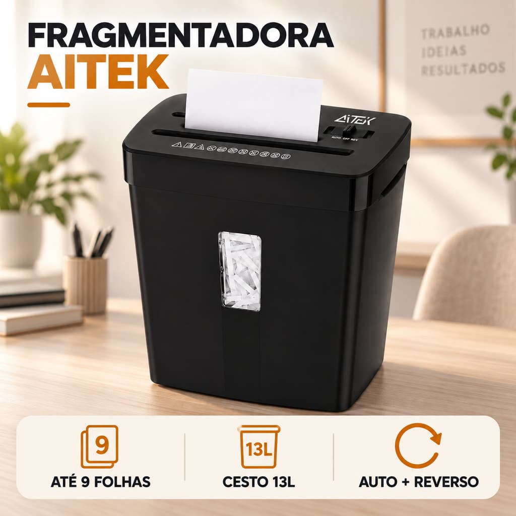 Fragmentadora de Papel Aitek Automática até 9 Folhas com Cesto 13L, Função Reverso – 127V ou 220V