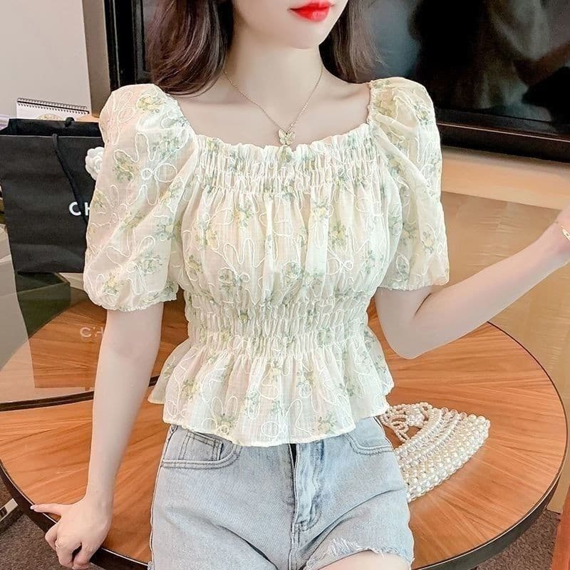 Francês quadrado pescoço Floral topo pequeno fresco 2026 camisa pequena cintura estreita estilo ocidental plissado manga