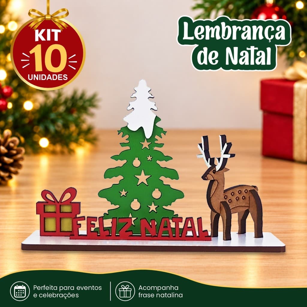Kit 10 Lembrancinhas de Natal Rena e Presente com Feliz Natal e Mensagem