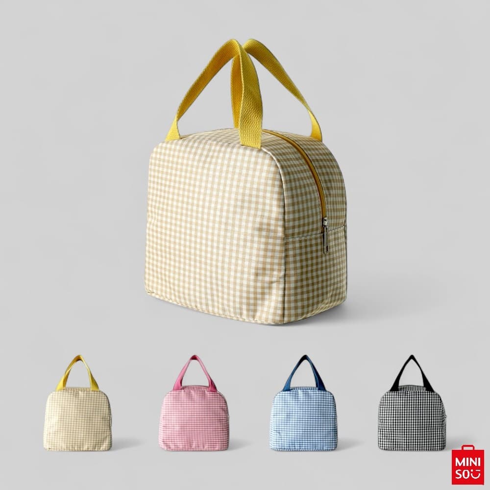 Lancheira Bolsa Porta Marmita Xadrez Miniso – Compacta e Portátil com Alça Dupla para Trabalho ou Viagem